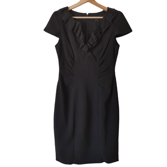 WHBM Ruffle Cap Sleeve Black Dress Womens Size 6  Ruched Formal Cocktail Event - Picture 1 of 6